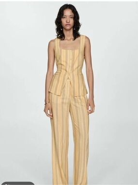 Mango Yellow Linen Striped Wide-Leg Trousers with Matching Vest